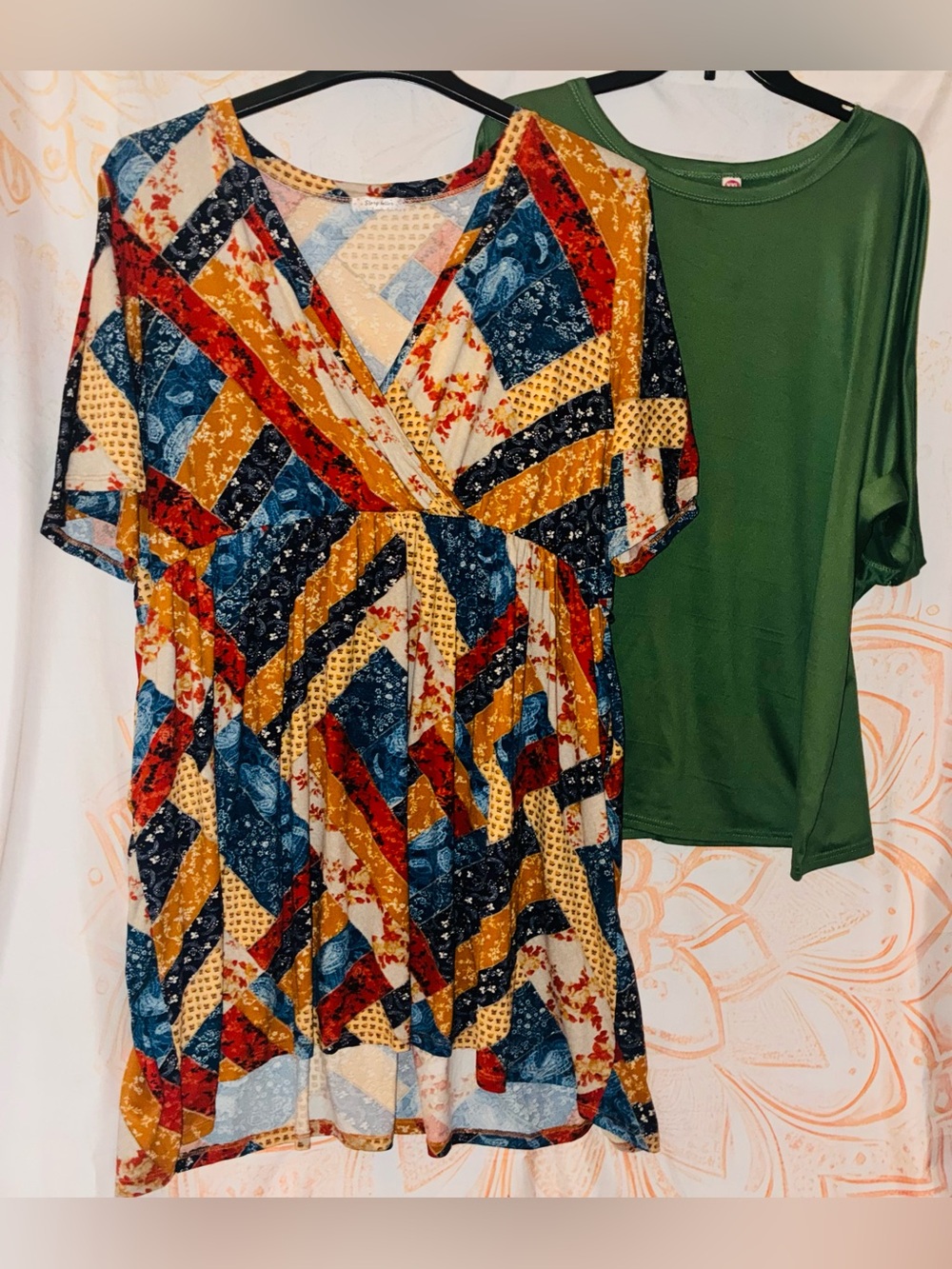 Story Teller’s Patchwork Print Midi Dress Paired w/ a Green Rolled Sleeve Tee